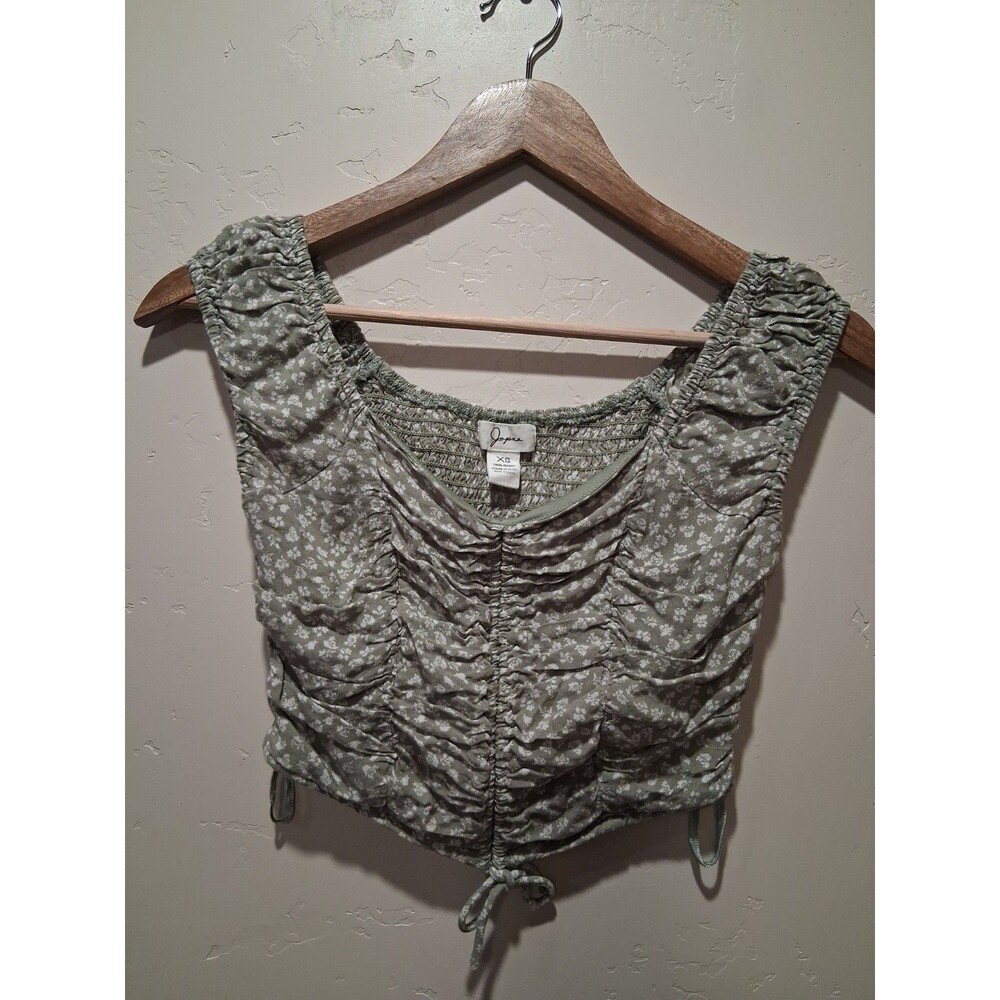 Japna Green Size XS Ditzy Floral Ruched Smocking Bows Crop